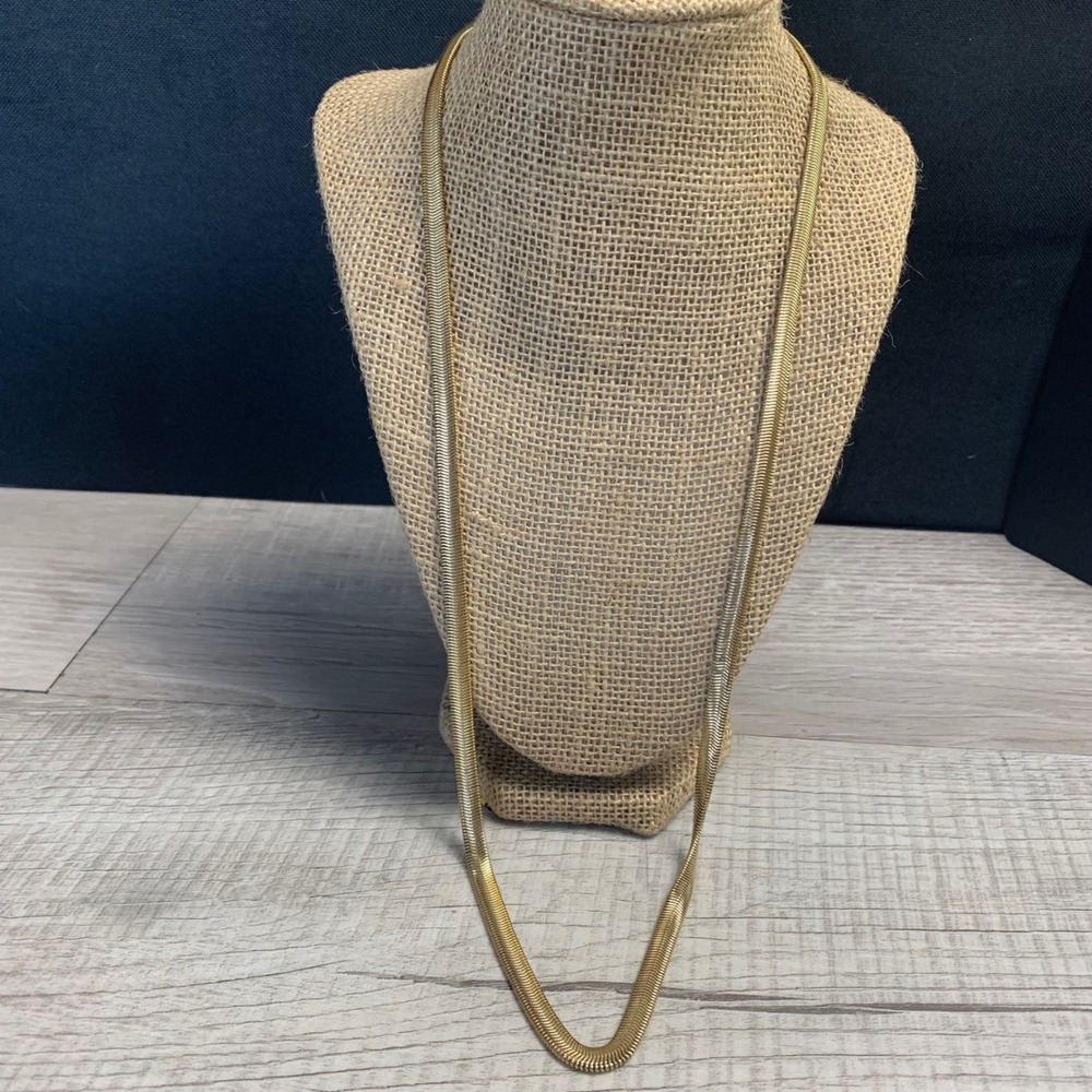 Vintage Gold Tone Herringbone Snake Chain Necklace 28 Inch Flat Link Long